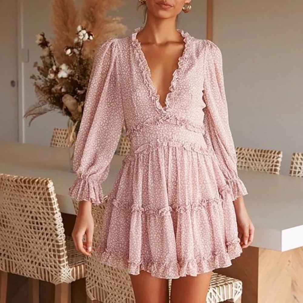 Ruffled Chiffon Boho Holiday Summer V-Neck Long Sleeve Women Backless